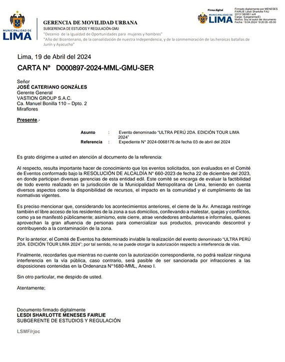 Ordenanza cancelacion Ultra Peru MML